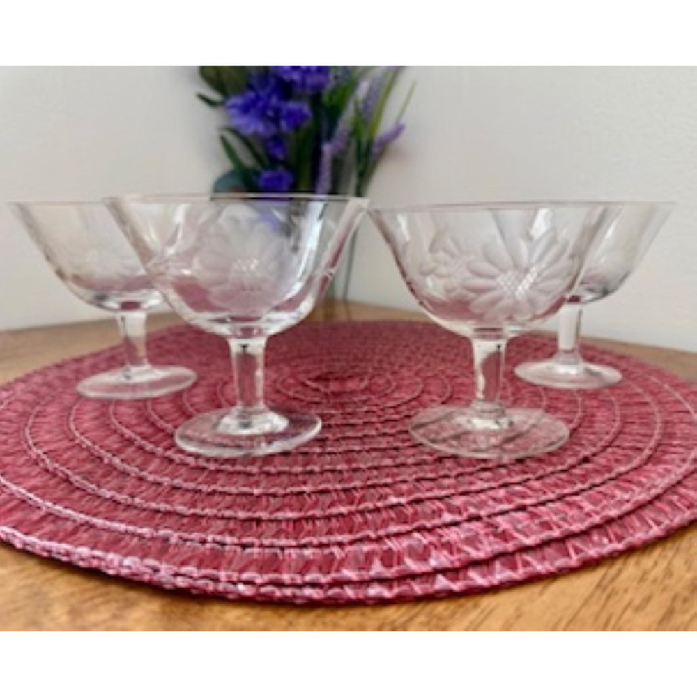 Vintage Etched‎ Glass Coupe/Sherbet Glasses – Floral Sunflower Design, Set of 4